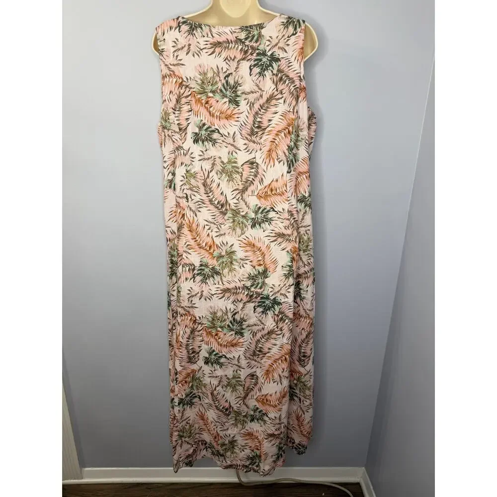 J.jill Love Linen Palm Leaf Soft Pink Pocket Maxi Dress Coastal Beach XL new